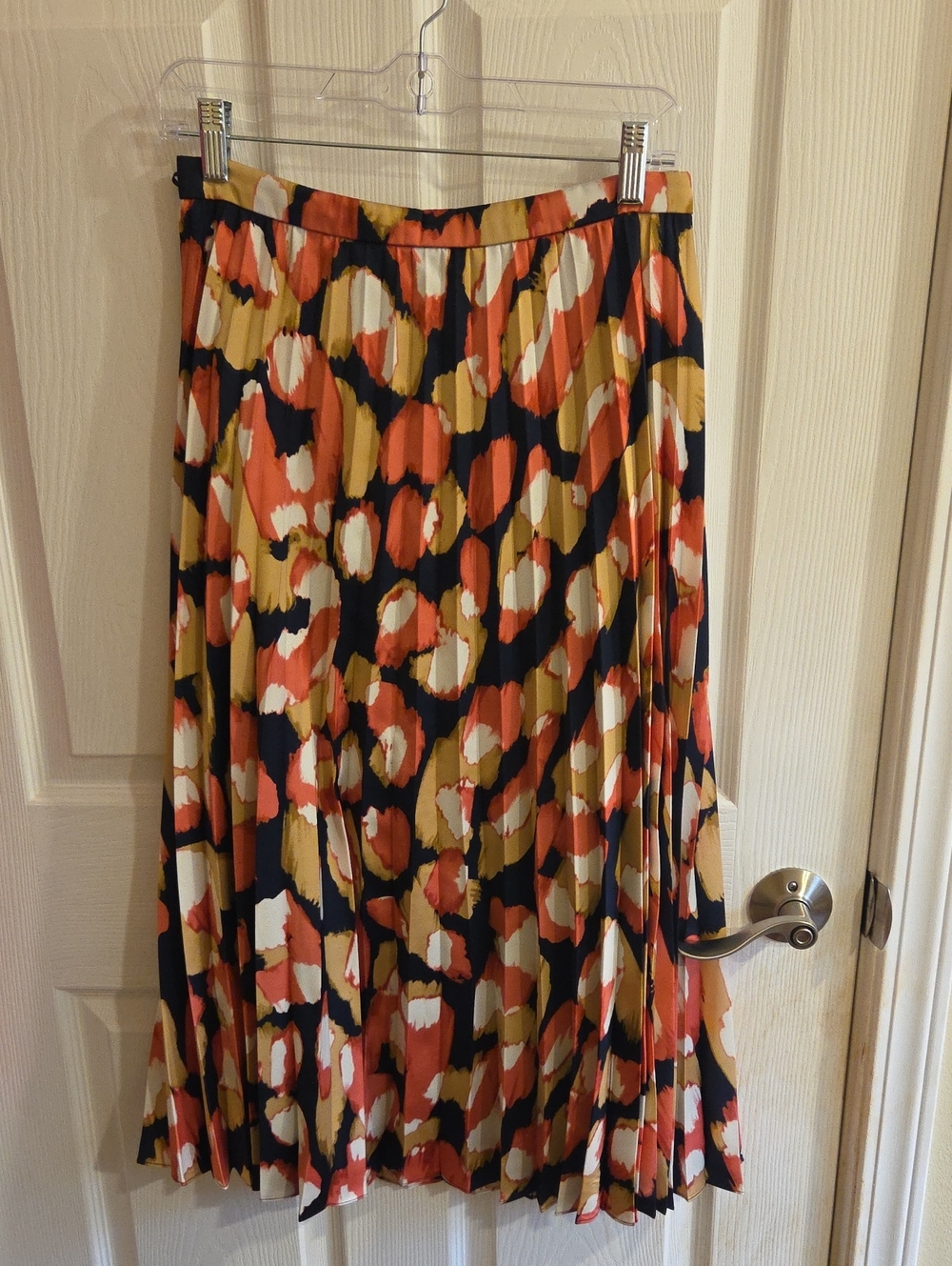 Pleated Abstract Print Midi Skirt in Navy, Coral & Mustard